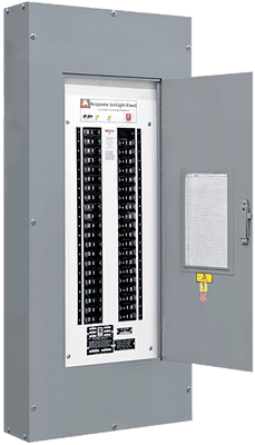 Grey panelboard with door open